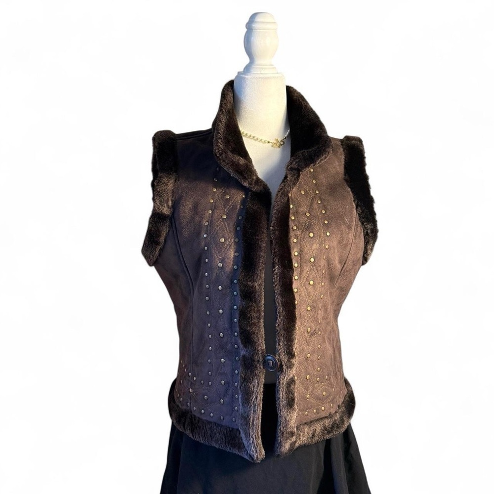 Elegant Brown Faux Fur Vest with Gold Studs